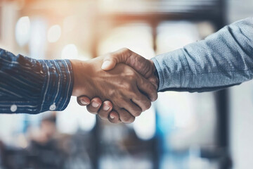 business people shaking hands, Two Individuals Engaging in a Firm Handshake Indoors During a Professional Meeting, Two people, possibly colleagues or business partners, are engaged in a firm handshake - obrazy, fototapety, plakaty