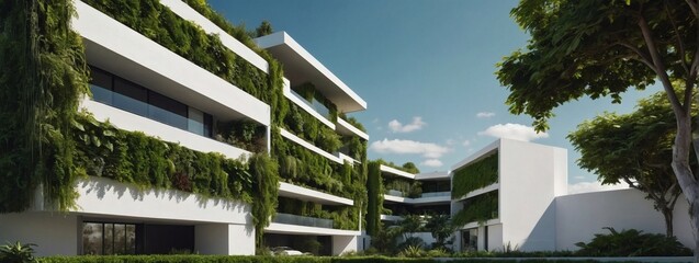 Futuristic residential architecture showcasing white facades adorned with thriving green plant walls. Embodying the principles of sustainability, ecology, and green urban living.