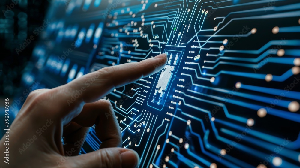 Aufkleber The UI of artificial intelligence (AI) by hand touching a CPU icon is based on machine learning, deep learning, and data mining, among other modern computer technologies.