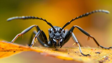 Fototapeta premium macro photography of an ant on a leaf in detail with blurred background in high resolution and high quality