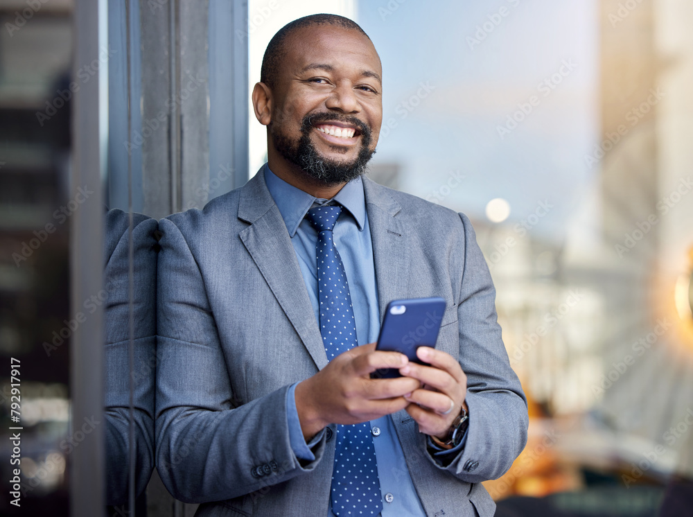 Wall mural smile, business and portrait of black man with phone in city for social media, networking and consul