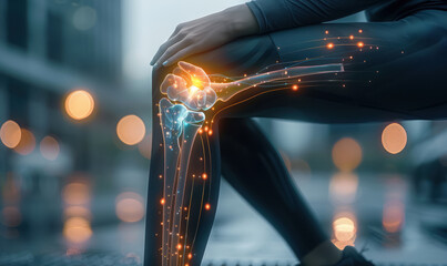 runner's knee pain visualized with glowing digital overlay on athlete - obrazy, fototapety, plakaty