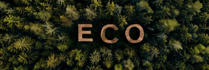 Top view of dense canopy of green trees, interspersed with different shades and textures. Wooden letters spelling out ECO are superimposed over the foliage
