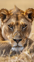 Immerse yourself in the untamed beauty of the savannah with an extreme close-up shot capturing a lioness in a moment of serene repose. This captivating image zooms in on the lioness, highlighting her 