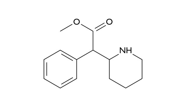 dexmethylphenidate molecule, structural chemical formula, ball-and-stick model, isolated image cns stimulant