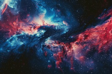 Galaxy displaying vivid blue, red, and purple tones. Colorful and enchanting cosmic spectacle