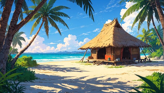 nipa hut on beach in landscape anime cartoon illustration from Generative AI