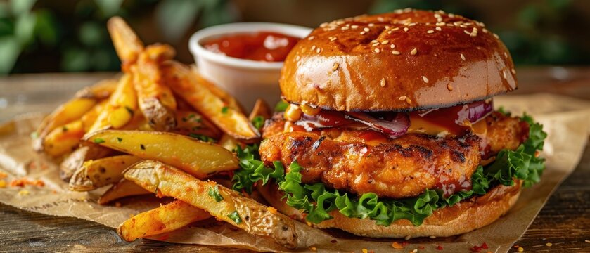 Appetizing chicken burger placed on a vintage table, featuring a golden bun and a side of goldenbrown potato wedges,