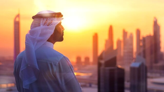 young business man arabian people watch skyscraper building with sunset