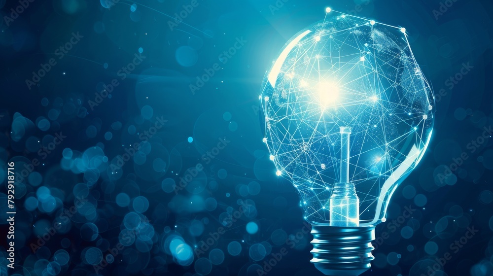 Poster an illustration of a realistic light bulb with a futuristic globe inside, depicting communications t