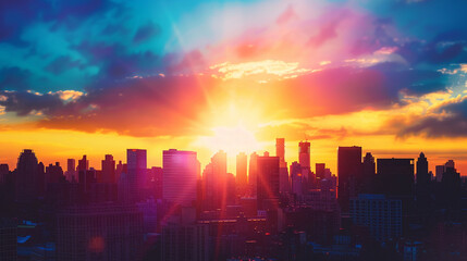 Vibrant sunset over a metropolis the sky ablaze with colors above sleek urban architecture - obrazy, fototapety, plakaty