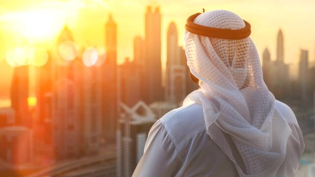 young business man arabian people watch skyscraper building with sunset