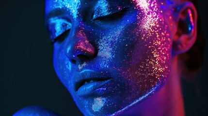 Woman adorned with blue and purple glitter on face and body posing against black backdrop