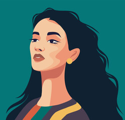 Vector bright portrait of a beautiful brunette girl woman. American woman. Avatar for social media. Bright vector illustration in flat style