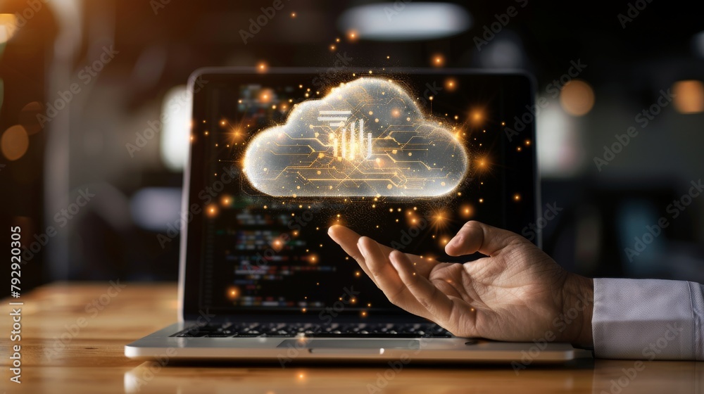 Poster Hand showing laptop computer with cloud network. Computer connects to internet server for data transfer over the cloud. Cloud computing technology and online data storage for business network.