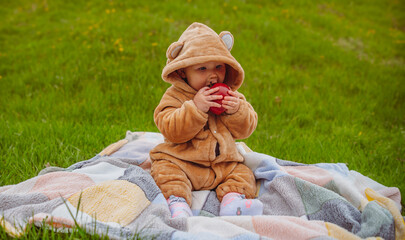A cute little infant girl in a warm jumpsuit is sitting on a plaid on a green lawn and eating an apple