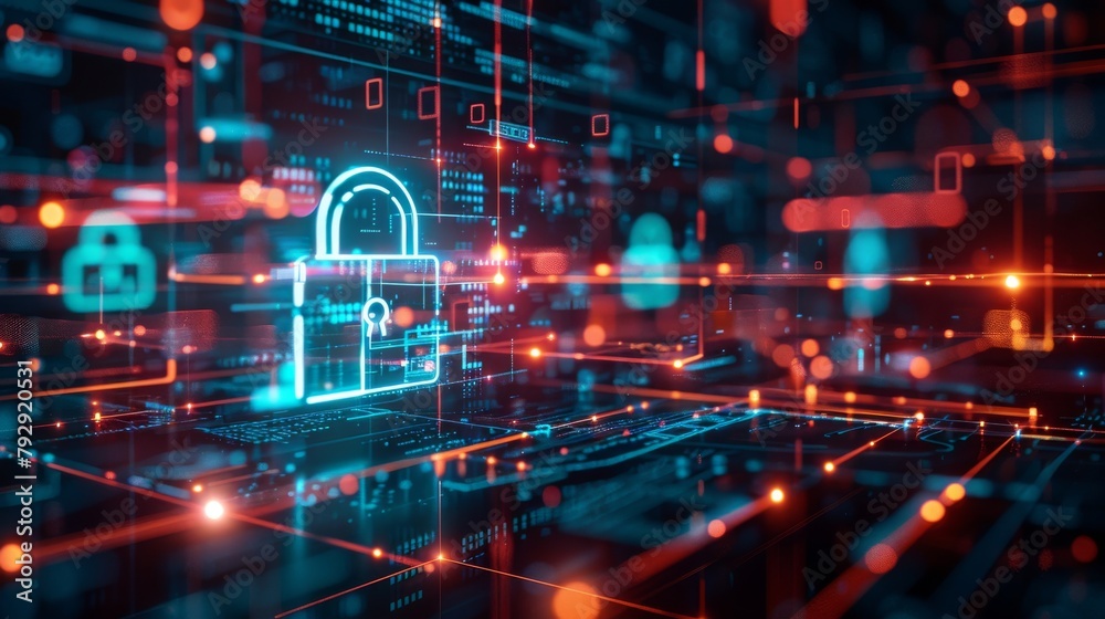 Leinwandbilder in this entry, we'll discuss cyber security, digital padlock icon, network data protection technolog