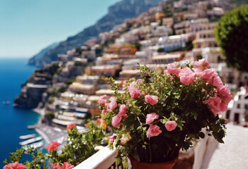 Fototapeta na wymiar 'card post view village Positano flowers Flowers Water Sky Beach Travel Nature House City Landscape Sea Mountain Architecture Italy Vacation Europe Beautiful Cityscape Tourism Mediterranean Coast'