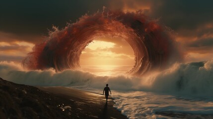 a man walking on shore to the other world dimension big wave gate, conceptual of human desire and decide, dare to find your dream.