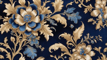 Extravagant Sapphire Textile, Satin Velvet with Intricate Florals, Threads of Gold, and Elegant Abstract Designs on Luxe Wallpaper