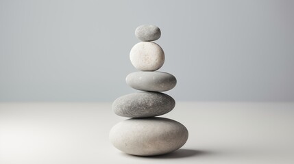 Fototapeta na wymiar A stone zen composition captures the essence of minimalistic simplicity and tranquility. Balanced rock stacks on a gray and white background. Concept of peace, wellness, and mindfulness.
