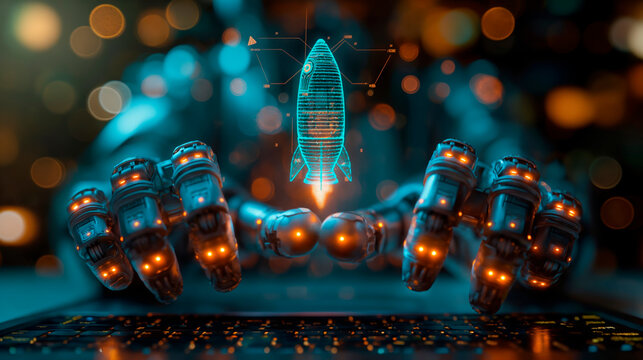 Two advanced robotic arms are depicted interacting with a holographic projection of a rocket, symbolising the advanced integration of virtual reality and artificial intelligence.