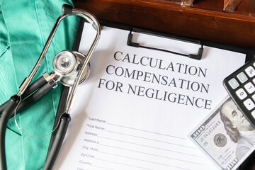 Document for calculating negligence compensation, with a stethoscope, money, and calculator on a...