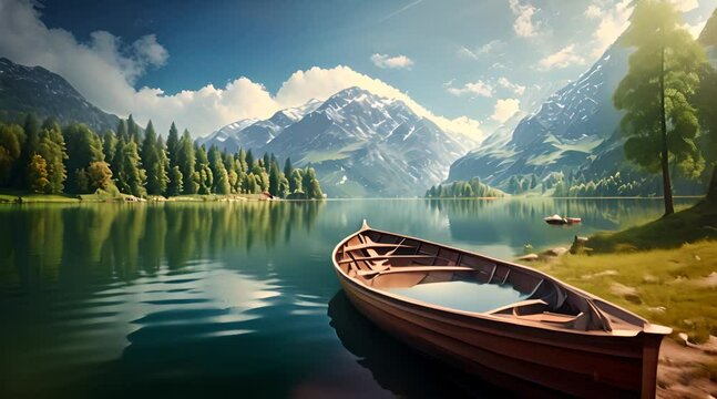 boat on peaceful lake in summer nature landscape illustration