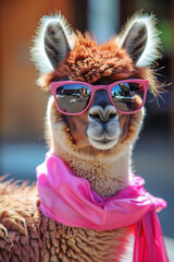 Naklejka premium Beautiful brown alpaca with sunglasses and satin scarf