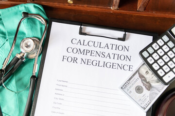Document for calculating negligence compensation, with a stethoscope, money, and calculator on a medical uniform background. - Powered by Adobe