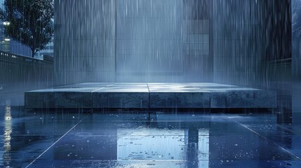 Reflective podium in a rainy urban setting