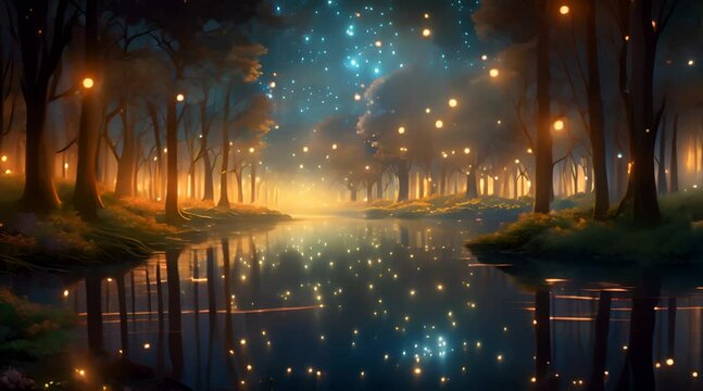 magical lake with shining lights fairy tale