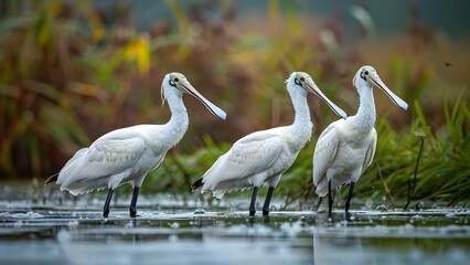 Spoonbills feeding in their natural habitat. Concept Wildlife Photography, Bird Watching, Wetland Ecosystems, Nature Conservation
