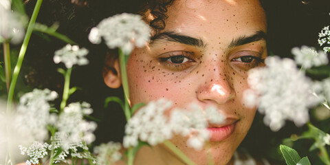 Close-up portrait of a young woman amidst white flowers. Natural beauty and youth concept. Soft focus photography with shallow depth of field - Powered by Adobe