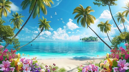 Fototapeta na wymiar Serene Tropical Beach Paradise with Lush Flowers and Palm Trees