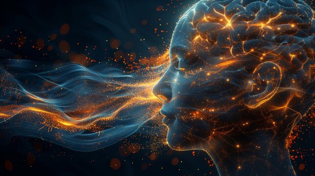 Virtual Digital Human head, Artificial Intelligence concept(AI). Abstract illustration of a head with glowing and fire shining, machine learning concept. Mental health care, ezoteric concept.