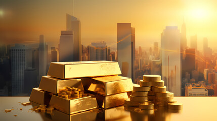 A pile of gold bars with a stock market chart in the background - obrazy, fototapety, plakaty
