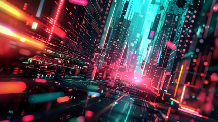 Fototapeta na wymiar Futuristic Cityscape with Neon Lights and Digital Circuitry