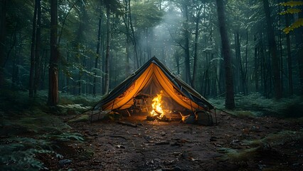Mastering Survival Skills: Building Shelters, Making Fire, Foraging for Food and Water in Remote Forests. Concept Survival Skills, Shelter Building, Fire Making, Foraging, Remote Forests - obrazy, fototapety, plakaty