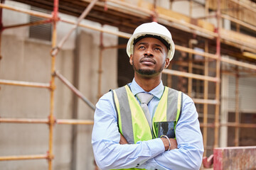 Thinking, architect and black man at construction site for planning, creative or vision outdoor in...