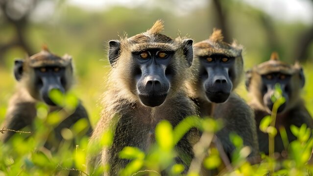 Baboon Troop Foraging in Open Grassland. Concept Wildlife Photography, African Savanna, Animal Behavior, Nature Conservation, Safari Adventure
