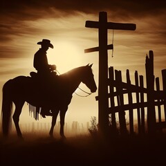silhouette of cowboy and his horse in the desert with sun shining