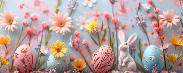 Pastel Easter eggs and playful bunnies on a floral seamless background