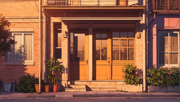 townhouse facade in sunset in landscape anime cartoon illustration from Generative AI