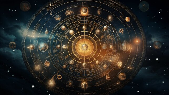 Backdrop of sacred zodiac symbols, astrology, alchemy, magic, sorcery and fortune telling.