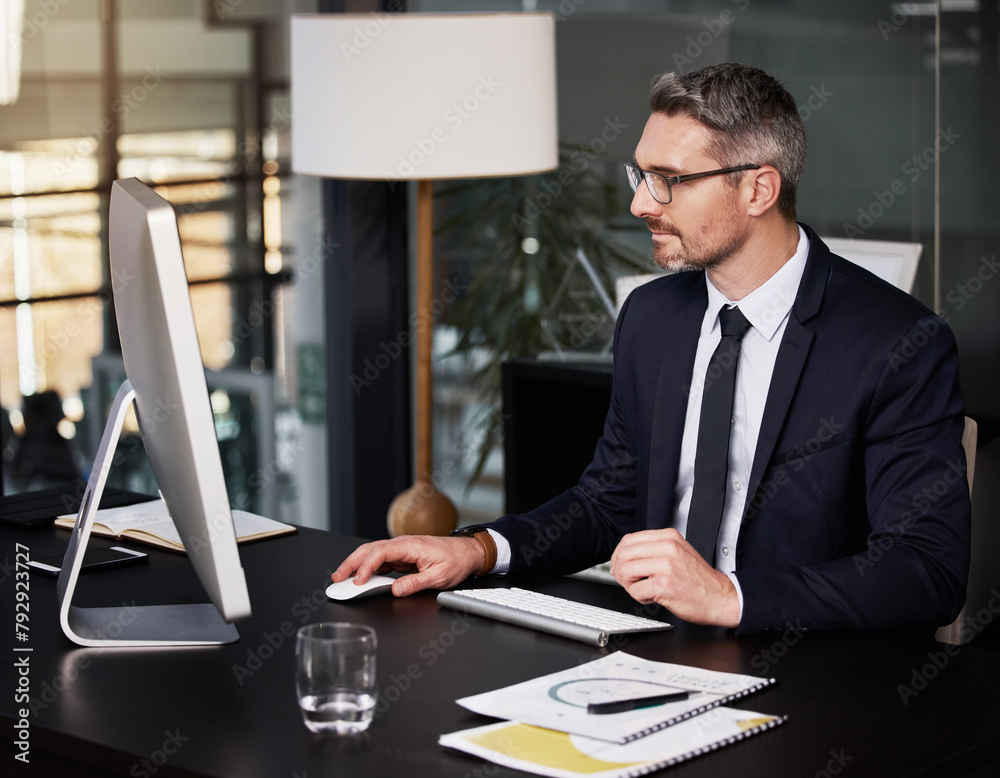 Aufkleber Businessman, desk and computer in office with working with manager for corporate project. Auditing, table and workstation with technology for accounting with notes for client in company at desktop
