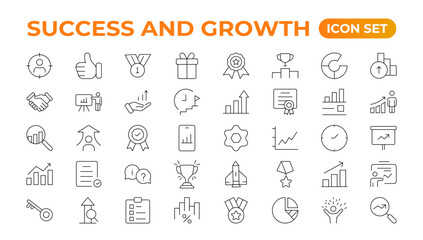 Growth and success line icons collection. Big UI icon set in a flat design. Thin outline pack. Vector illustration.Growth & Success set. Successful business development, plan process symbol.