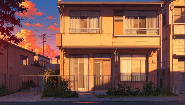 townhouse facade in sunset in landscape anime cartoon illustration from Generative AI