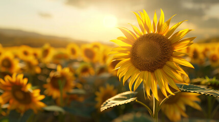 Obraz premium Vivid Sunflower Greeting the Sunrise in Field