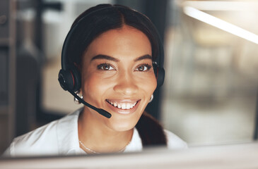 Woman, portrait and headset at call center for telemarketing, customer service or sales. Female...